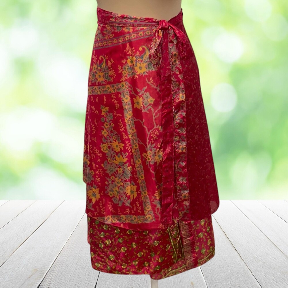 MAPLE CLOTHING Silk Blend Wrap Skirt Floral Layered Midi Red Boho Festival Sz M